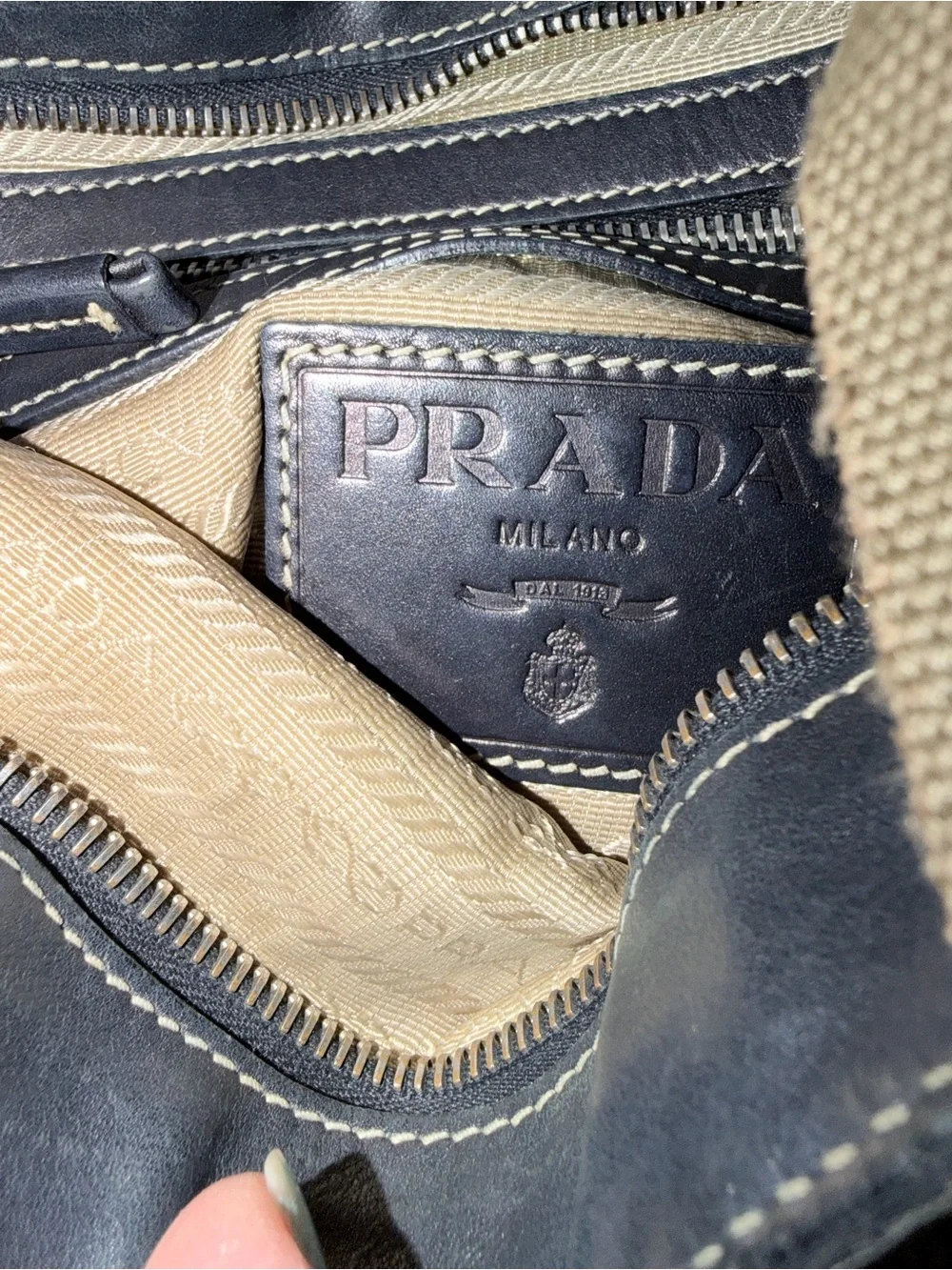 Prada Beige Canvas Messenger Bag with Black Trim